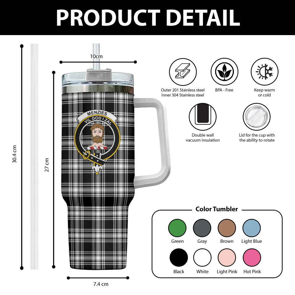 Scottish Menzies Black & White Modern Clan Badge Tartan 40oz Tumbler - Image 2