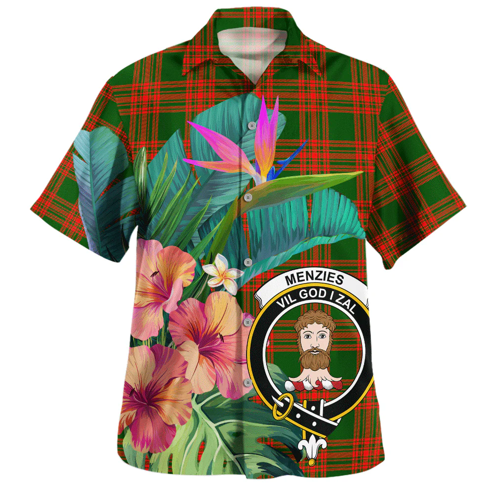 Scottish Menzies Green Modern Clan Badge Tartan Hawaiian Shirt Bouquet Tropical Style
