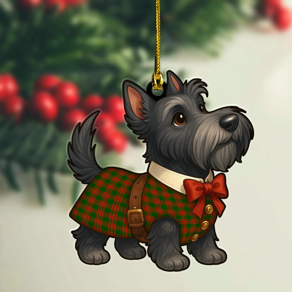 Scottish Menzies Green Modern Tartan Ornament Scottie Dog