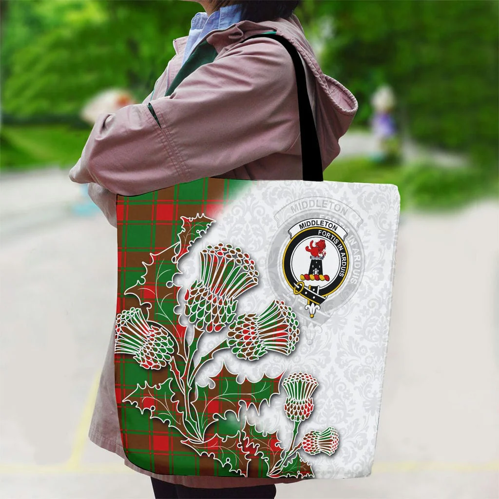 Scottish Middleton Clan Badge Tartan Canvas Bag With Shoulder Straps - Thistle Flowers Style - Image 2