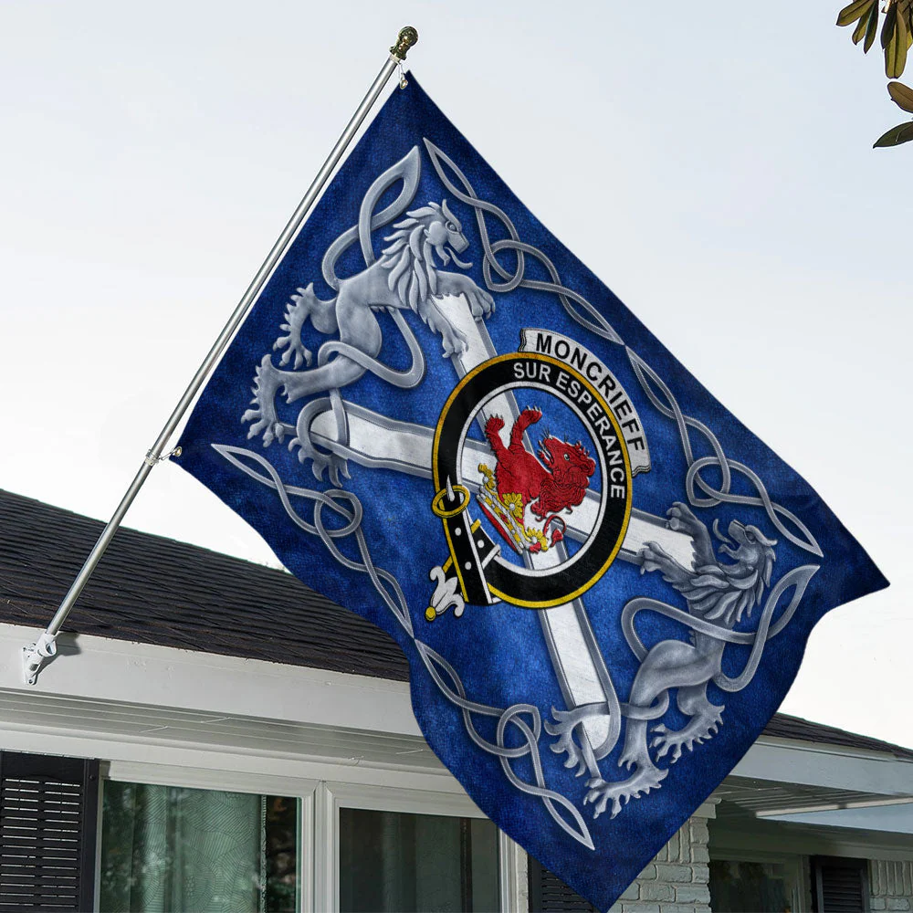 Scottish Moncrieffe Clan Badge Flag Parade Silver Rampant Lion Emblem