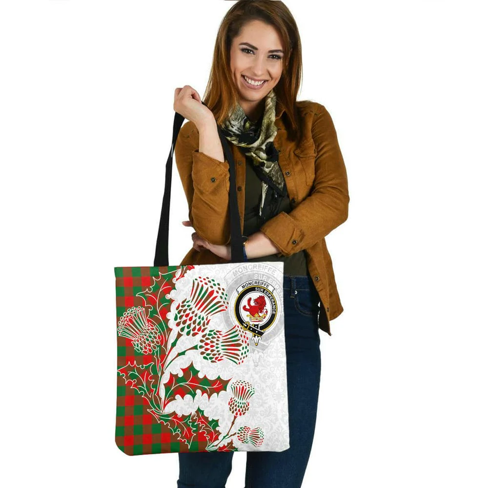 Scottish Moncrieffe Clan Crest Tartan Tote Bag - Thistle Flowers Style - Image 2
