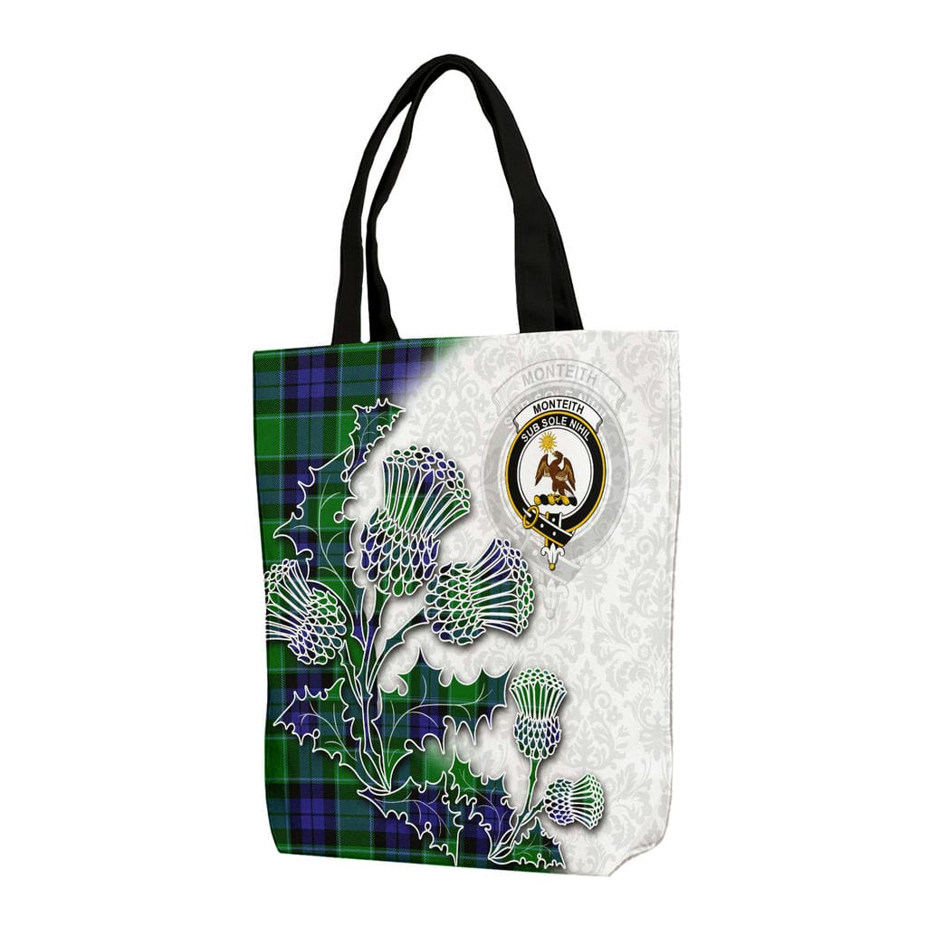 Scottish Monteith Clan Badge Tartan Canvas Bag With Shoulder Straps - Thistle Flowers Style