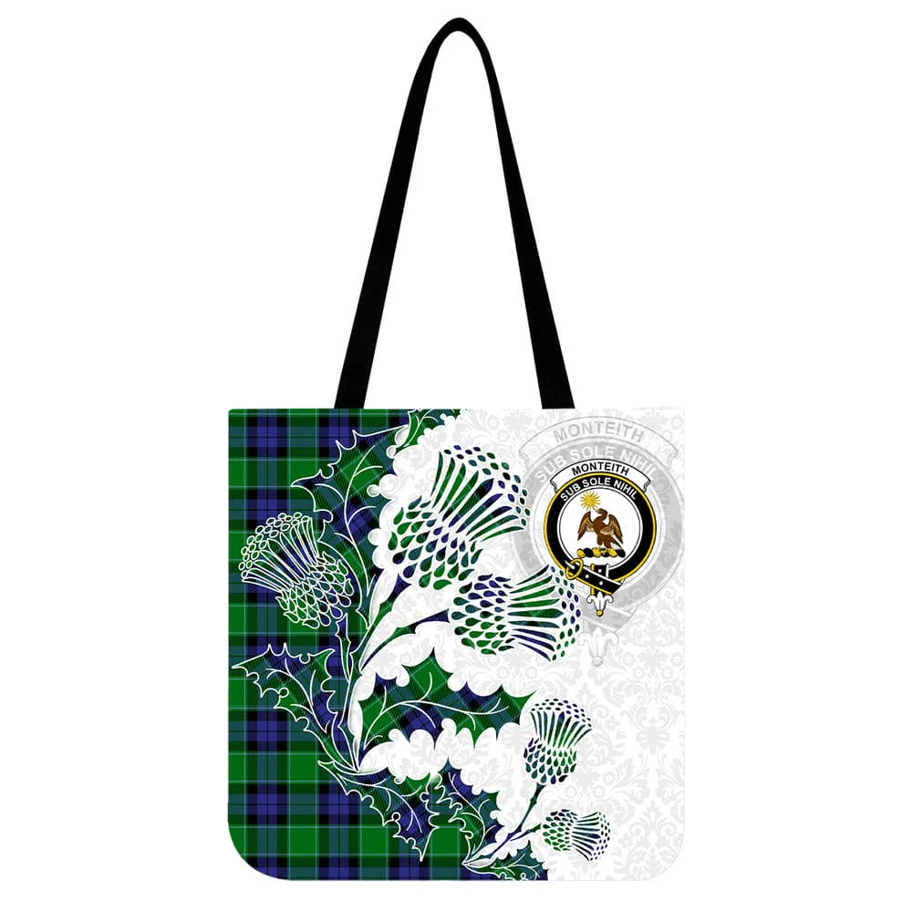 Scottish Monteith Clan Crest Tartan Tote Bag - Thistle Flowers Style