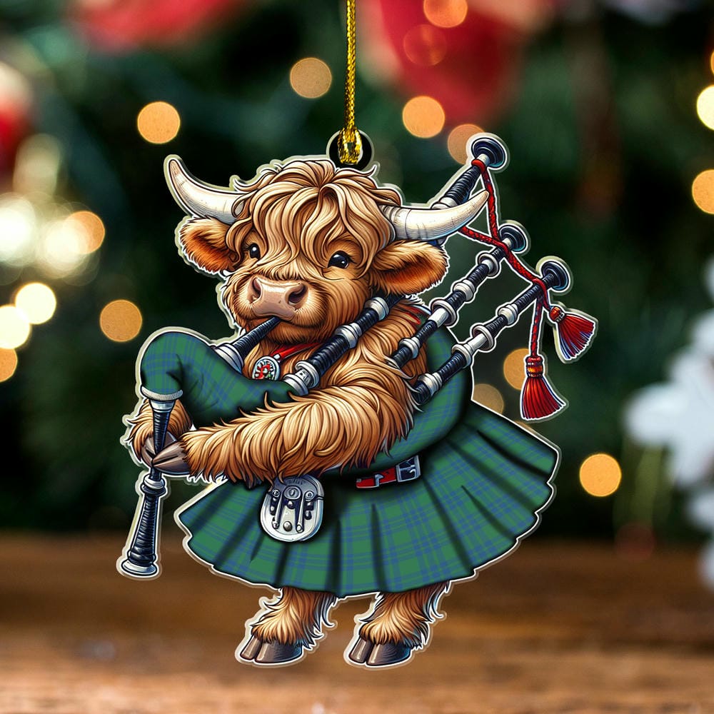 Scottish Montgomery Ancient Tartan Ornament Highland Cow Playing Bagpipes