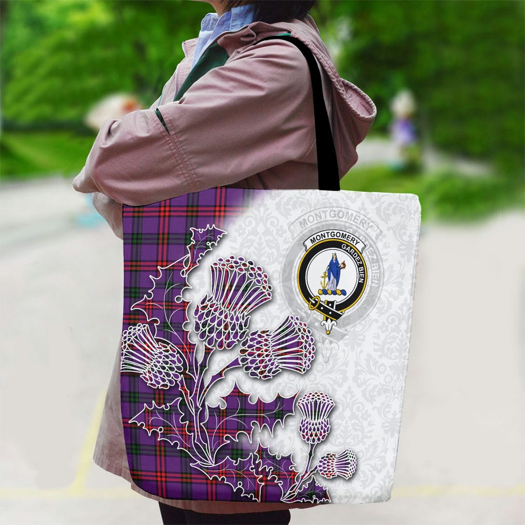 Scottish Montgomery Clan Badge Tartan Canvas Bag With Shoulder Straps - Thistle Flowers Style - Image 2