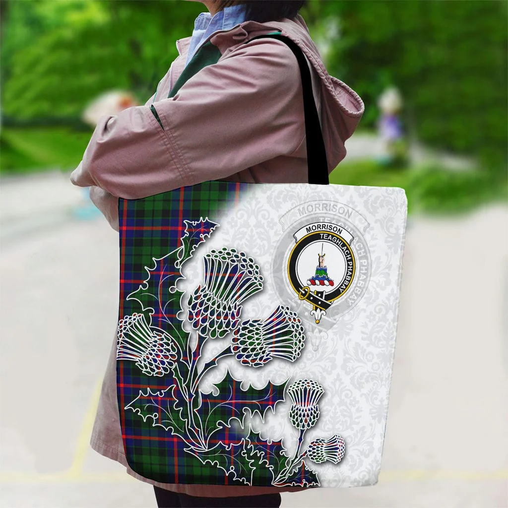 Scottish Morrison Clan Badge Tartan Canvas Bag With Shoulder Straps - Thistle Flowers Style - Image 2