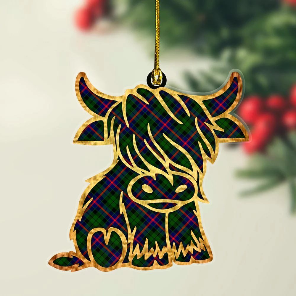 Scottish Morrison Modern Tartan Highland Cow Ornament