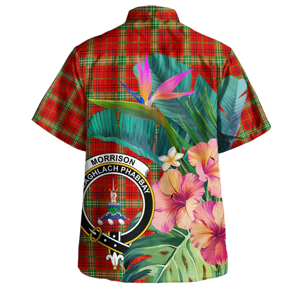 Scottish Morrison Red Modern Clan Badge Tartan Hawaiian Shirt Bouquet Tropical Style - Image 3