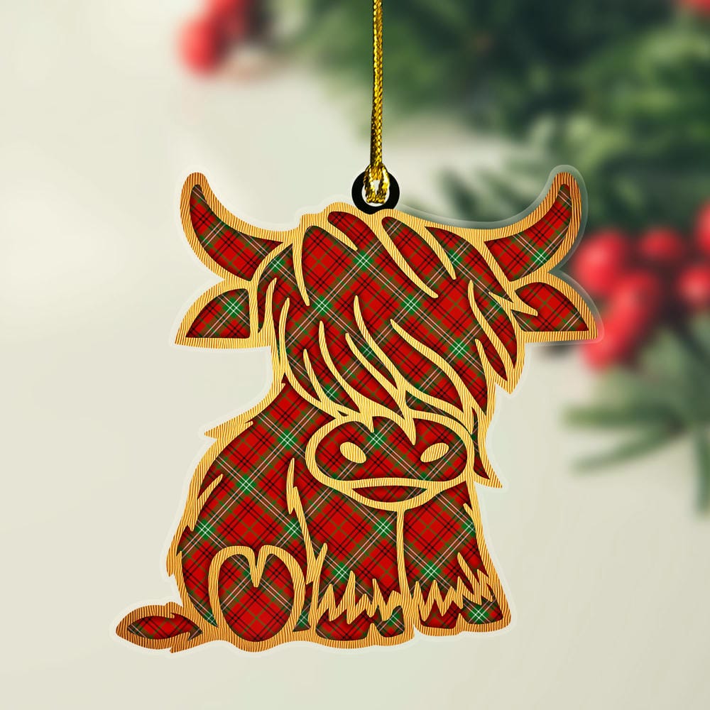 Scottish Morrison Red Modern Tartan Highland Cow Ornament