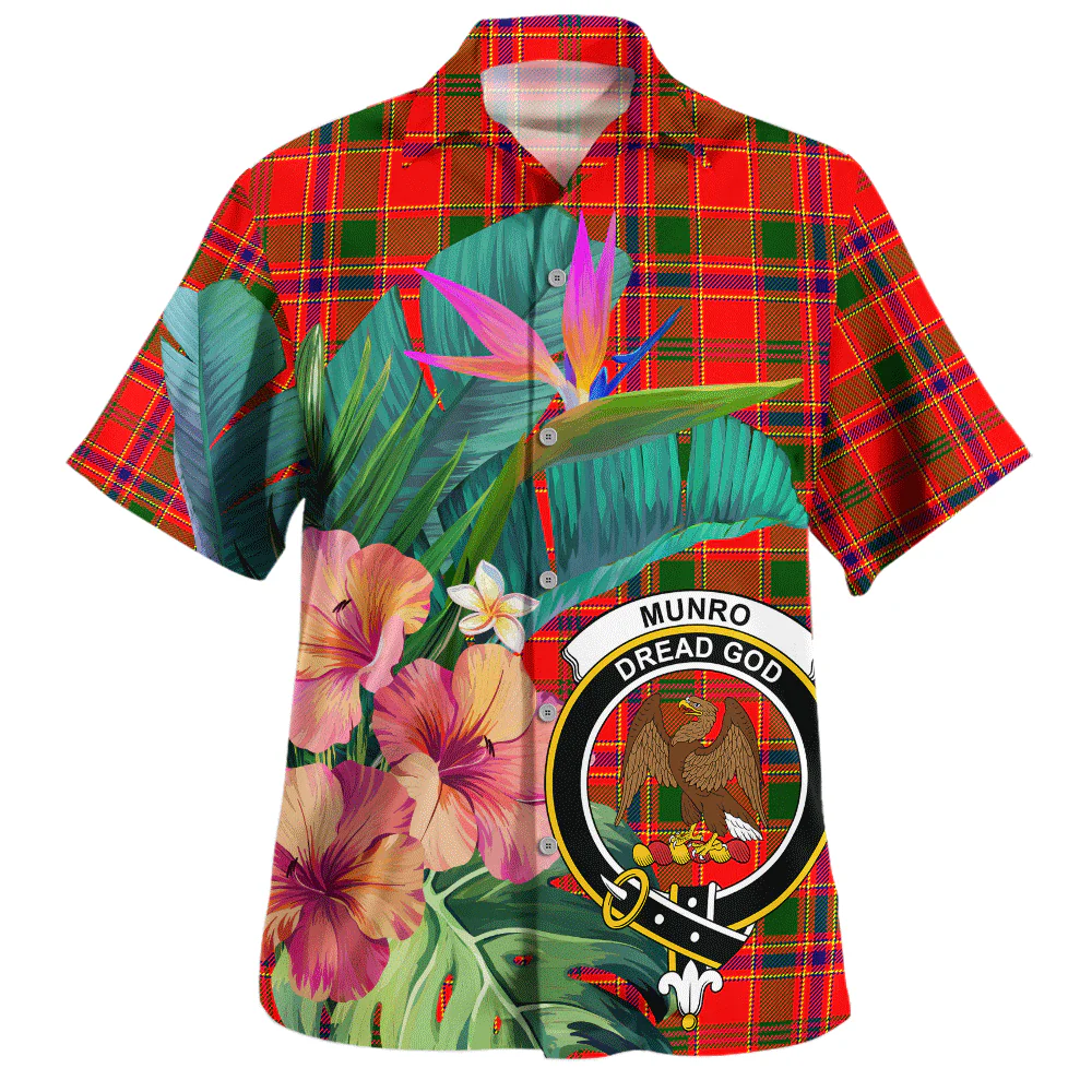 Scottish Munro Modern Clan Badge Tartan Hawaiian Shirt Bouquet Tropical Style