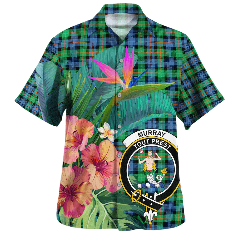 Scottish Murray of Atholl Ancient Clan Badge Tartan Hawaiian Shirt Bouquet Tropical Style