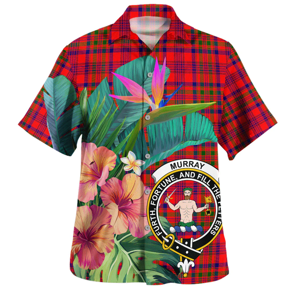 Scottish Murray of Tulloch Modern Clan Badge Tartan Hawaiian Shirt Bouquet Tropical Style