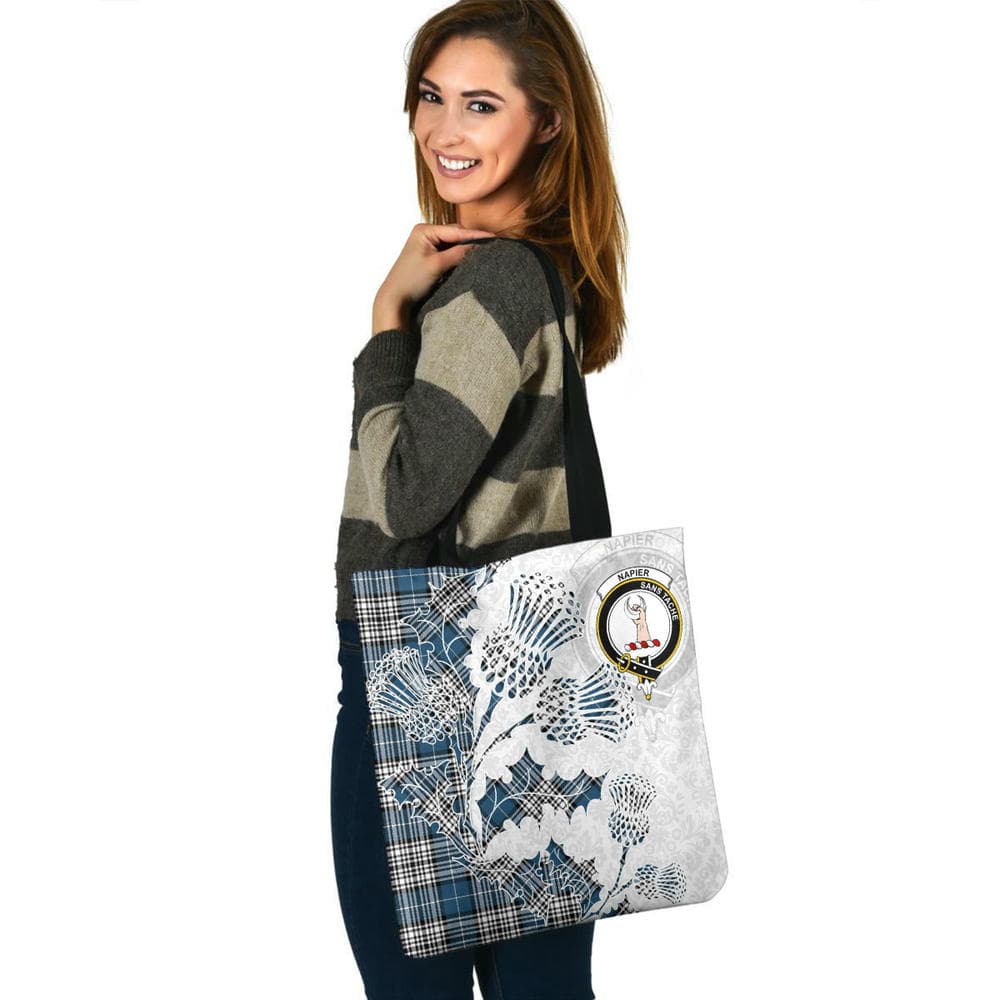 Scottish Napier Clan Crest Tartan Tote Bag - Thistle Flowers Style - Image 3
