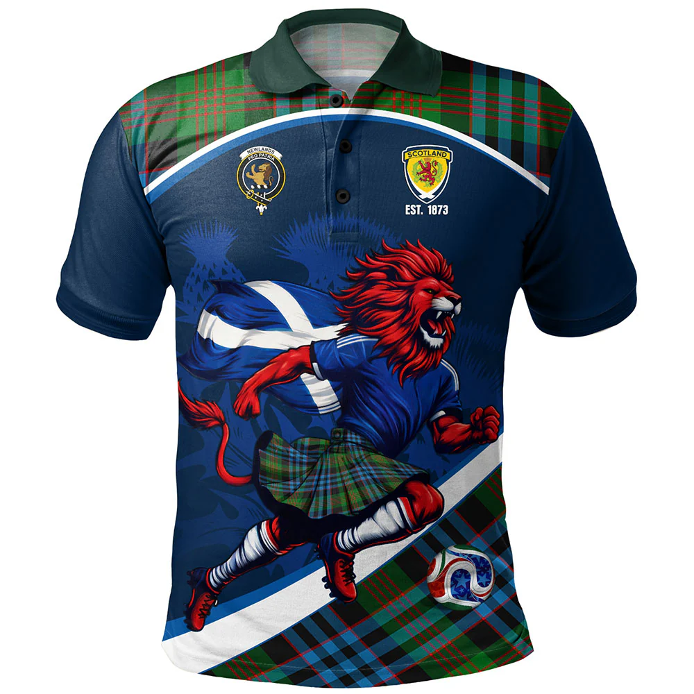 Scottish Newlands of Lauriston Clan Badge Tartan Polo Shirt Scotland Lion Brave Highland Spirit