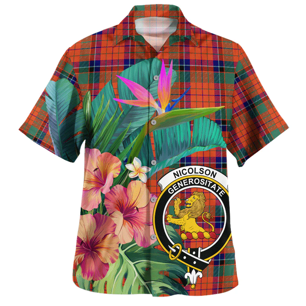 Scottish Nicolson Ancient Clan Badge Tartan Hawaiian Shirt Bouquet Tropical Style