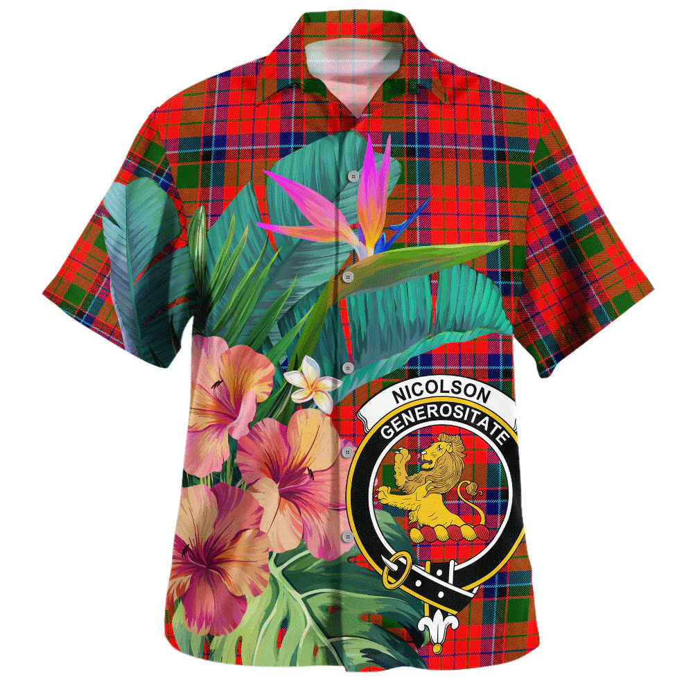 Scottish Nicolson Modern Clan Badge Tartan Hawaiian Shirt Bouquet Tropical Style