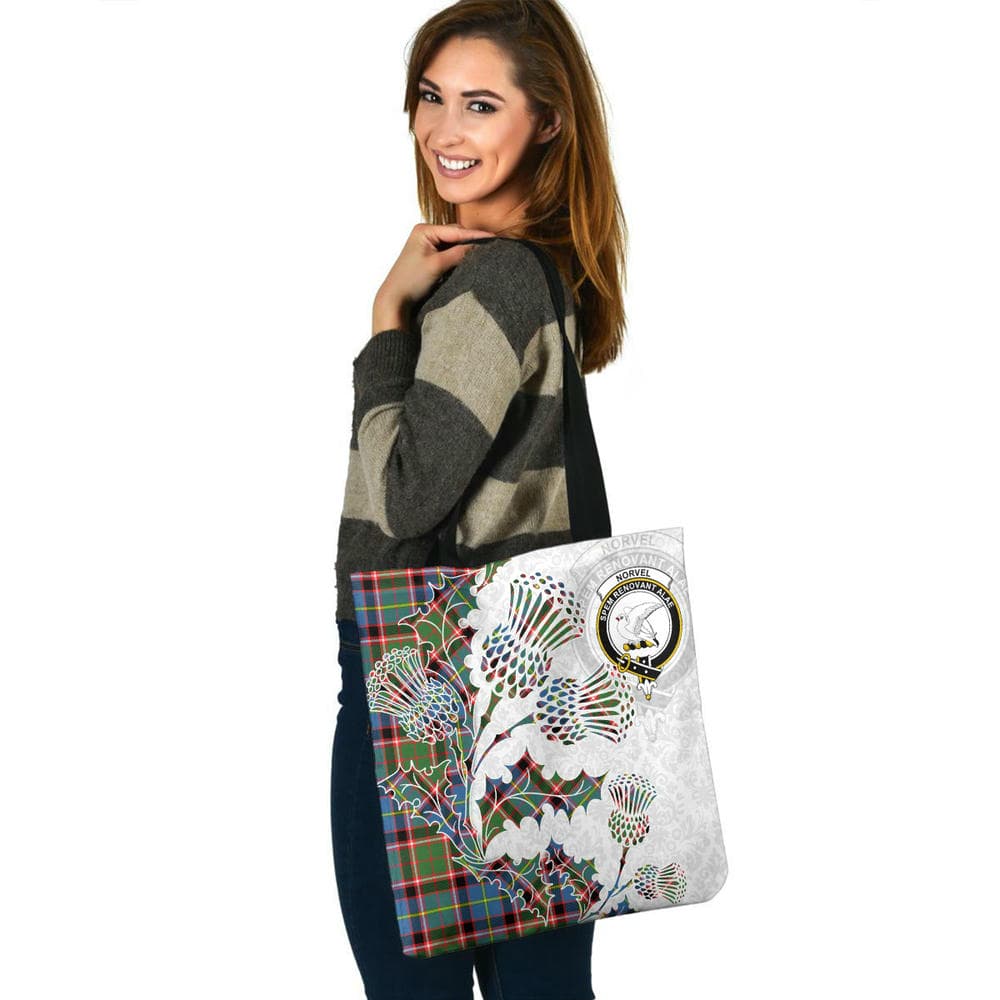 Scottish Norvel Clan Crest Tartan Tote Bag - Thistle Flowers Style - Image 3