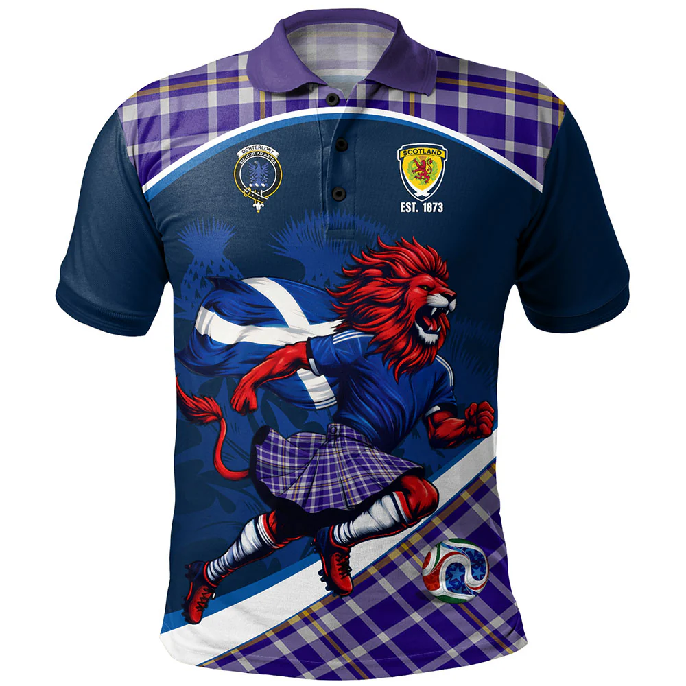 Scottish Ochterlony Clan Badge Tartan Polo Shirt Scotland Lion Brave Highland Spirit
