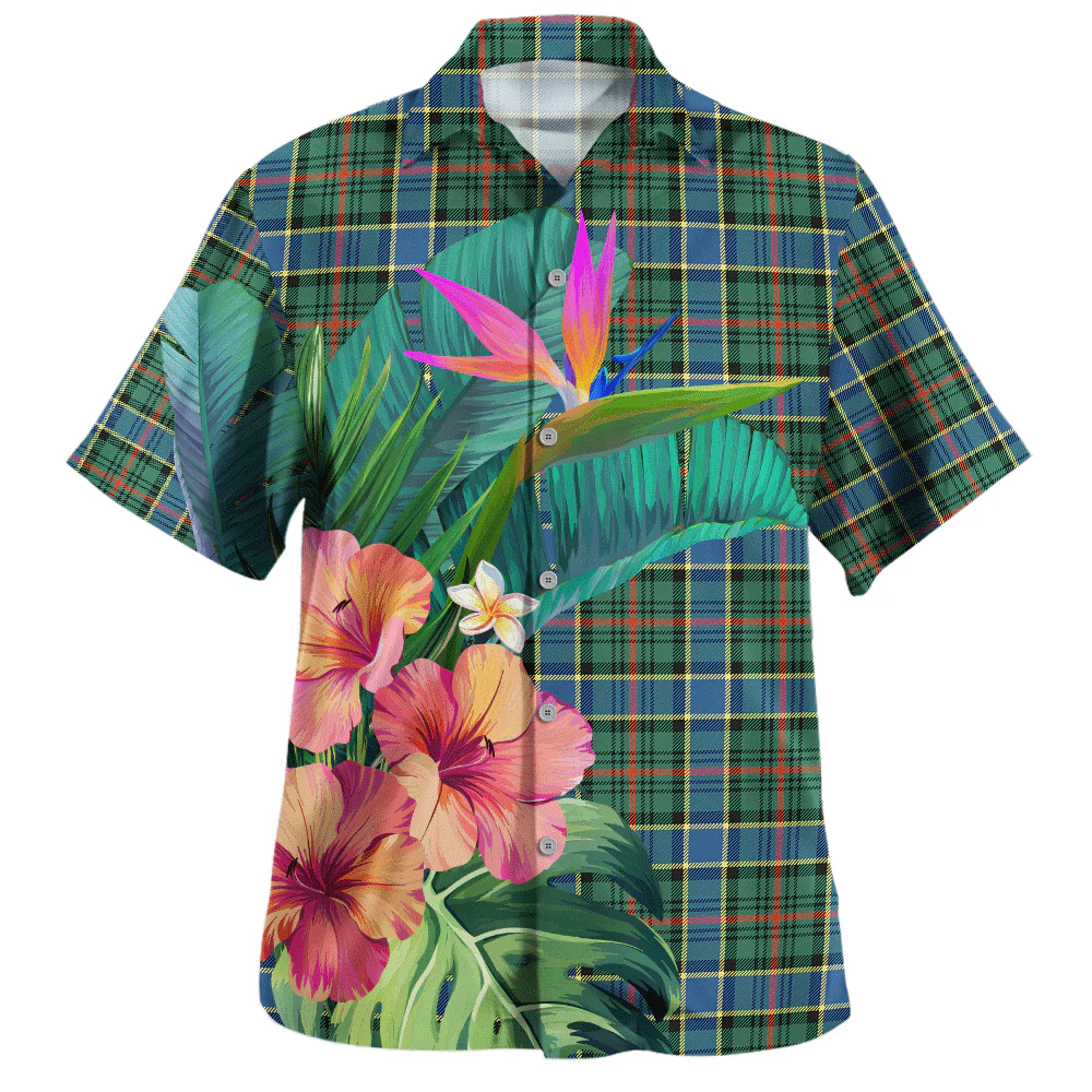 Scottish Ogilvie Hunting Ancient Clan Badge Tartan Hawaiian Shirt Bouquet Tropical Style - Image 2