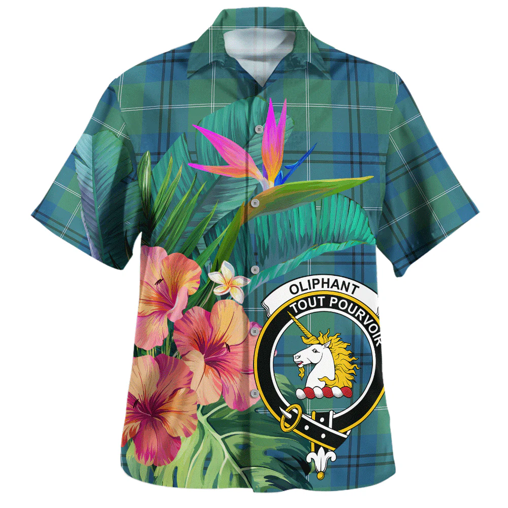 Scottish Oliphant Ancient Clan Badge Tartan Hawaiian Shirt Bouquet Tropical Style