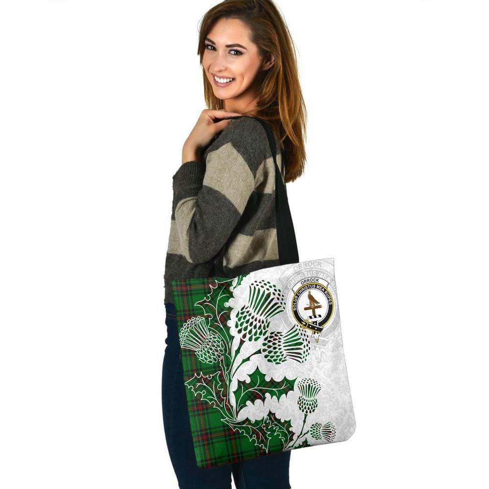 Scottish Orrock Clan Crest Tartan Tote Bag - Thistle Flowers Style - Image 3