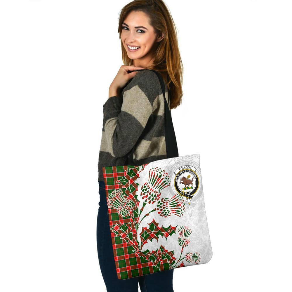 Scottish Pollock Clan Crest Tartan Tote Bag - Thistle Flowers Style - Image 3
