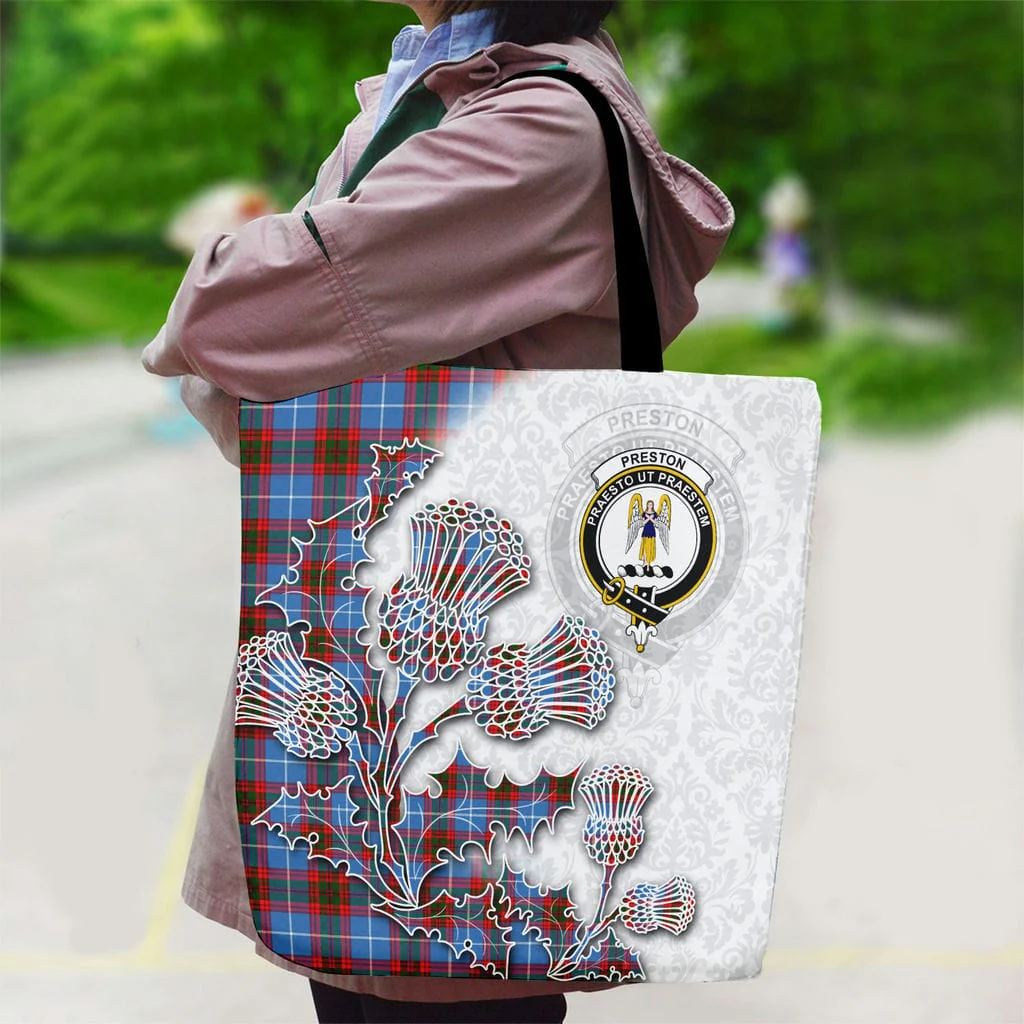 Scottish Preston Clan Badge Tartan Canvas Bag With Shoulder Straps - Thistle Flowers Style - Image 2