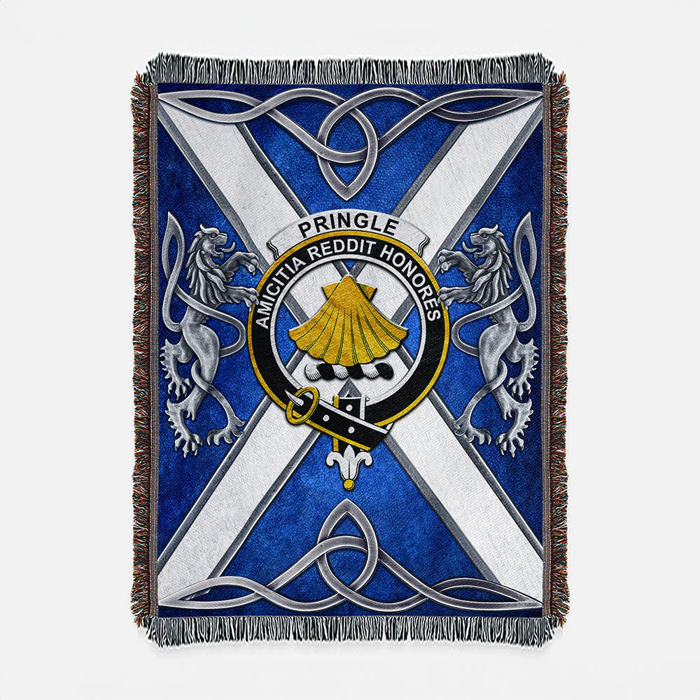 Scottish Pringle Clan Badge Woven Blanket Silver Rampant Lion Emblem