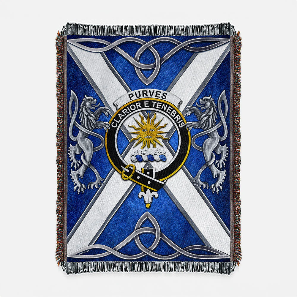 Scottish Purves Clan Badge Woven Blanket Silver Rampant Lion Emblem