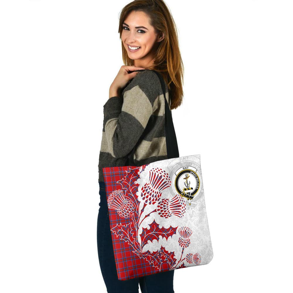 Scottish Rait Clan Crest Tartan Tote Bag - Thistle Flowers Style - Image 3