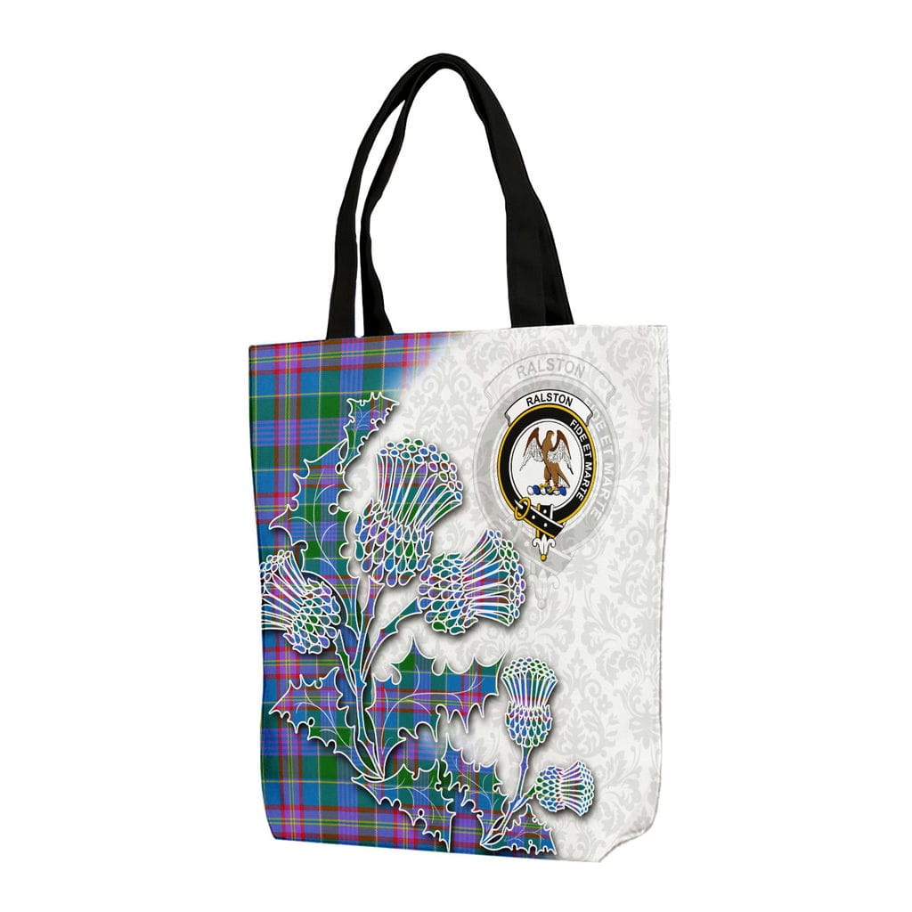 Scottish Ralston Clan Badge Tartan Canvas Bag With Shoulder Straps - Thistle Flowers Style