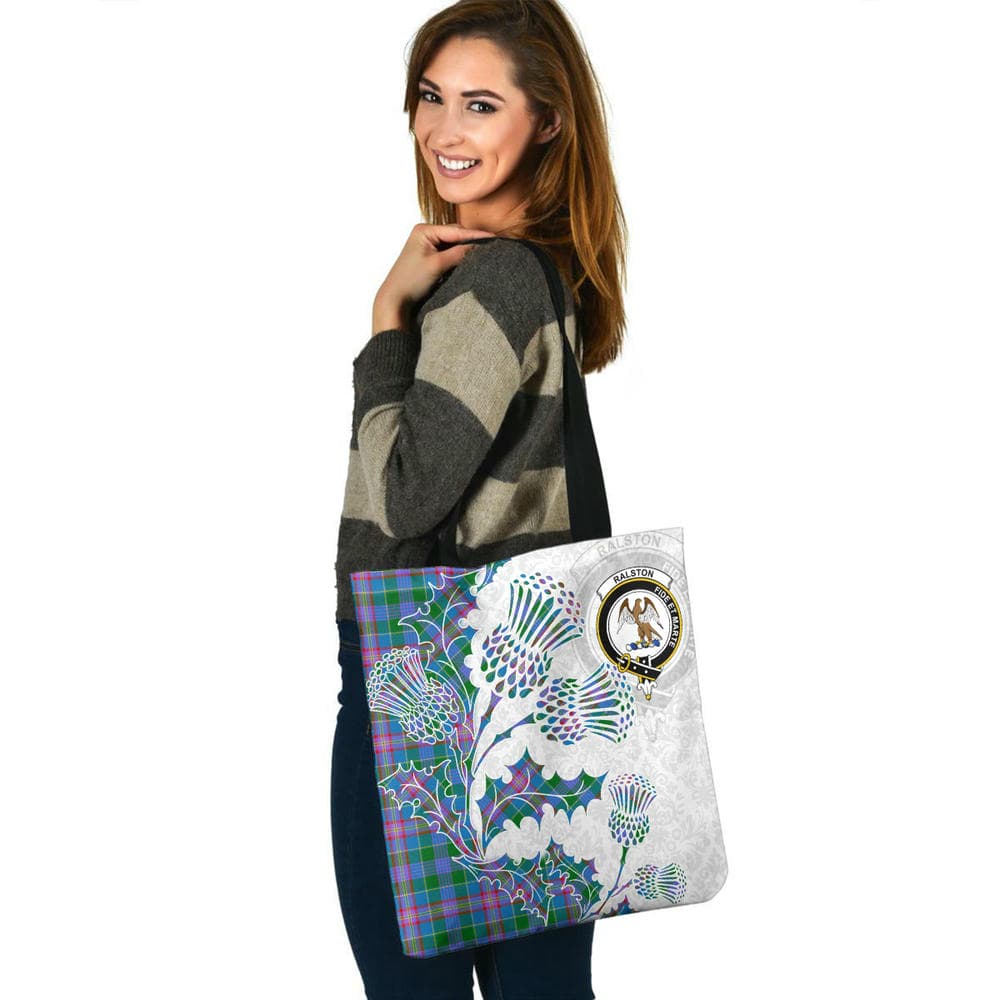 Scottish Ralston Clan Crest Tartan Tote Bag - Thistle Flowers Style - Image 3
