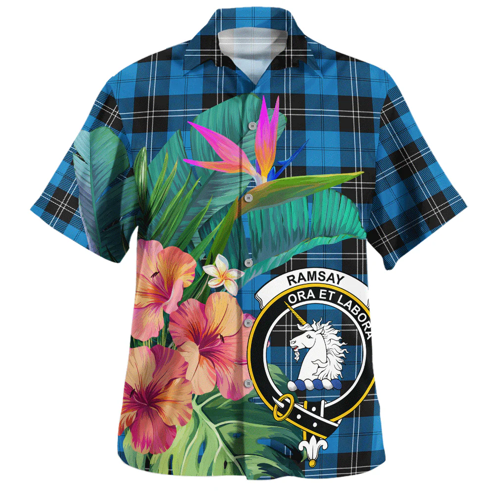 Scottish Ramsay Blue Ancient Clan Badge Tartan Hawaiian Shirt Bouquet Tropical Style