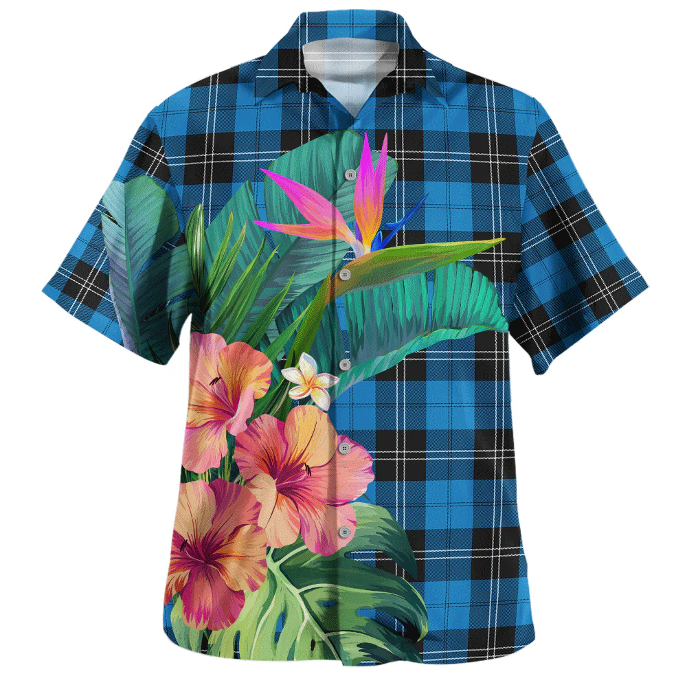 Scottish Ramsay Blue Ancient Clan Badge Tartan Hawaiian Shirt Bouquet Tropical Style - Image 2