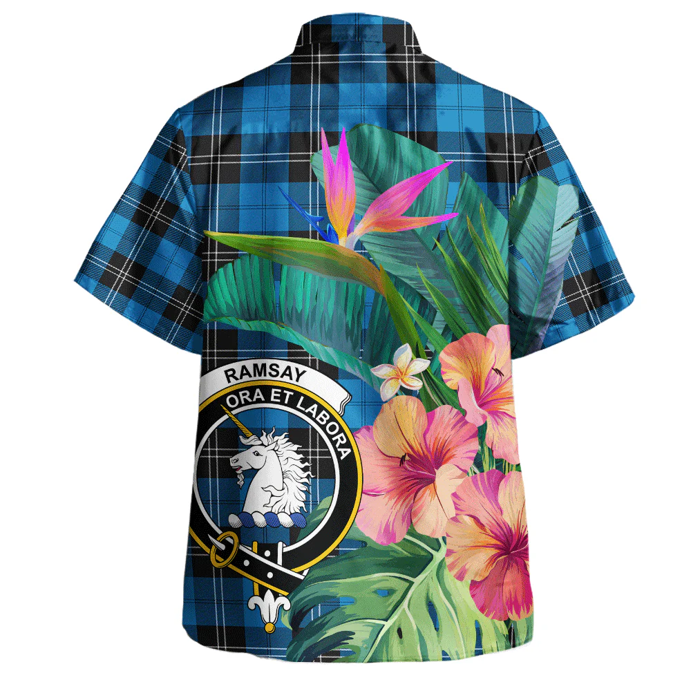 Scottish Ramsay Blue Ancient Clan Badge Tartan Hawaiian Shirt Bouquet Tropical Style - Image 3