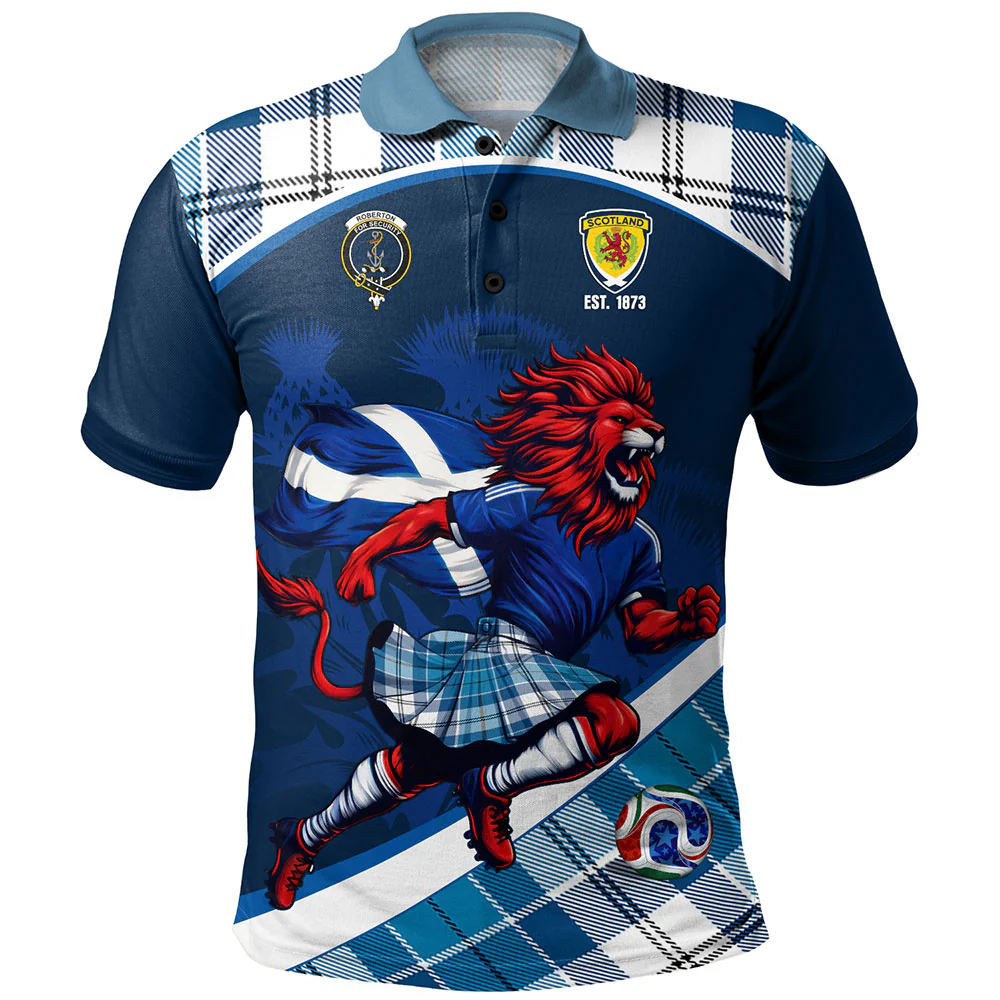 Scottish Roberton Clan Badge Tartan Polo Shirt Scotland Lion Brave Highland Spirit