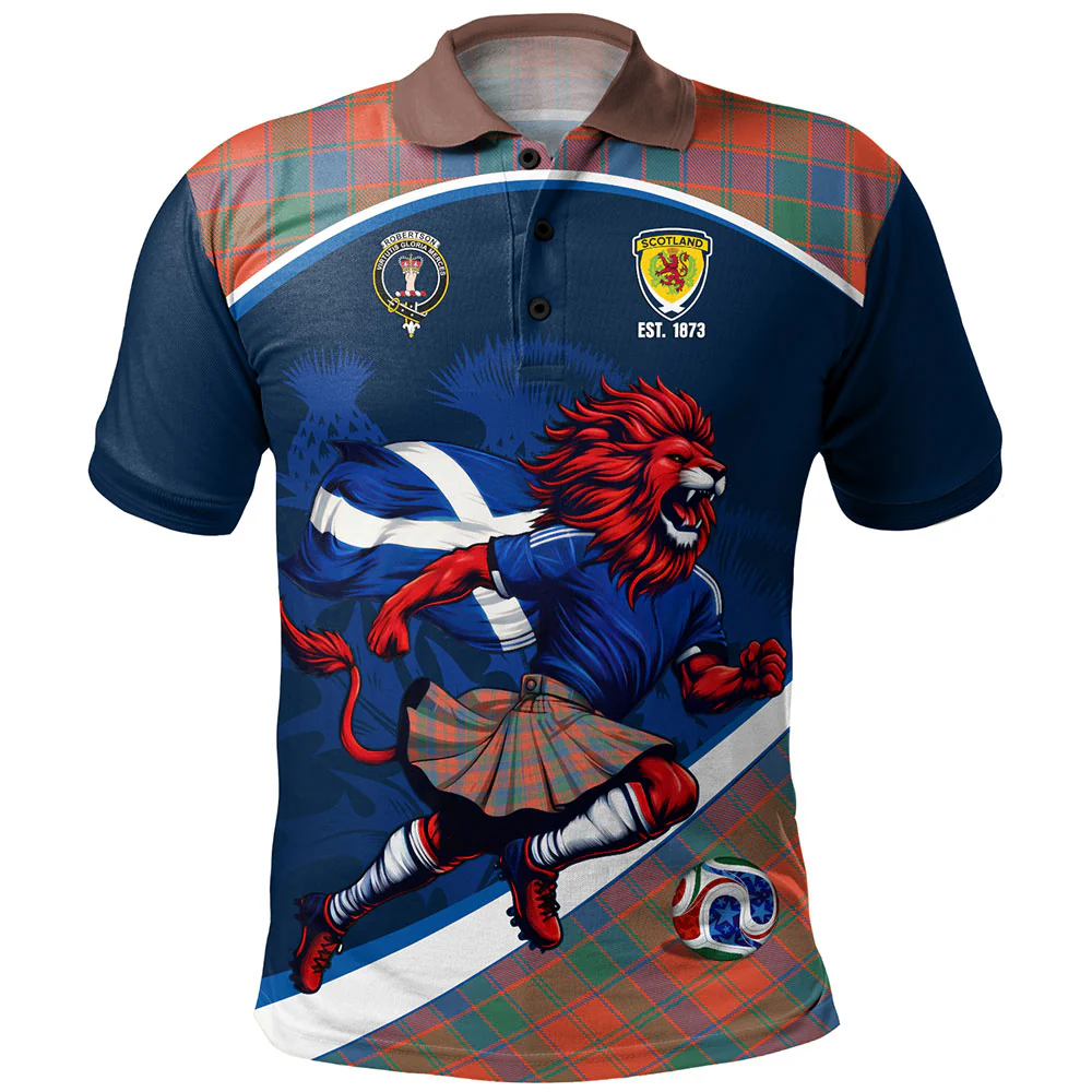 Scottish Robertson Ancient Clan Badge Tartan Polo Shirt Scotland Lion Brave Highland Spirit