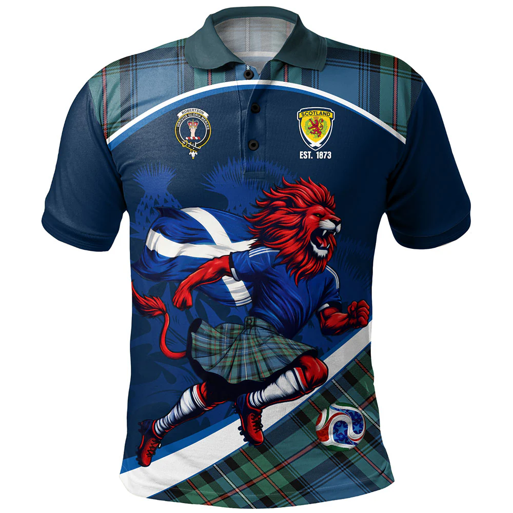 Scottish Robertson Hunting Ancient Clan Badge Tartan Polo Shirt Scotland Lion Brave Highland Spirit