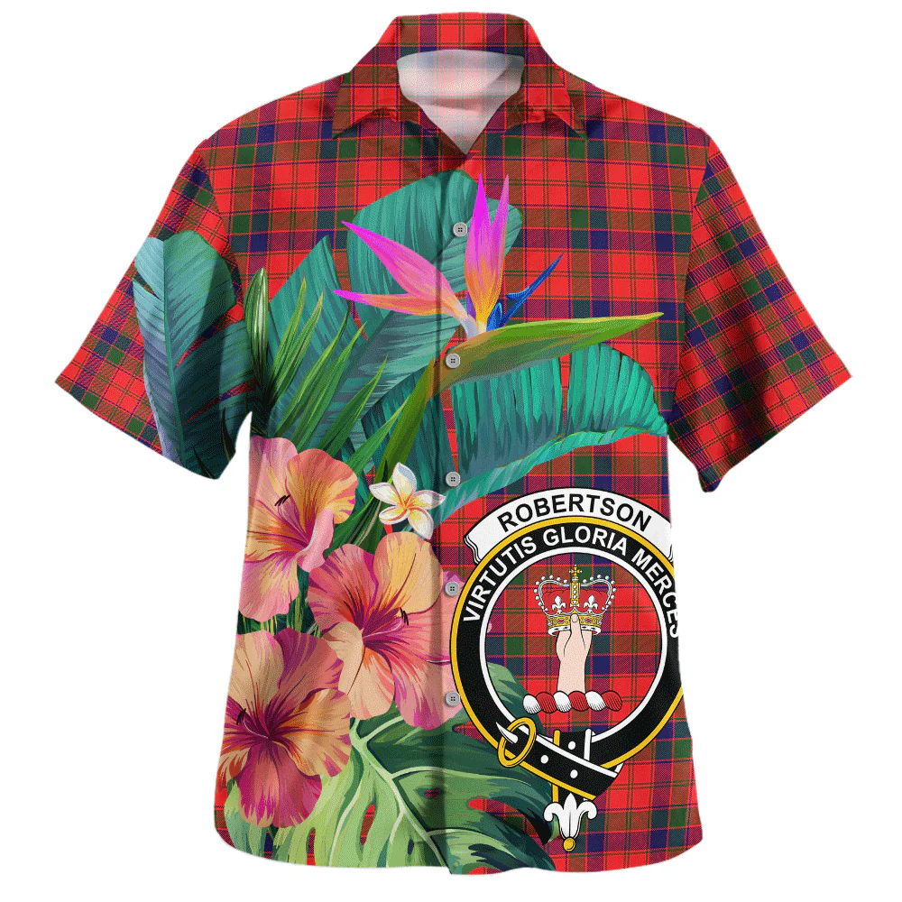 Scottish Robertson Modern Clan Badge Tartan Hawaiian Shirt Bouquet Tropical Style