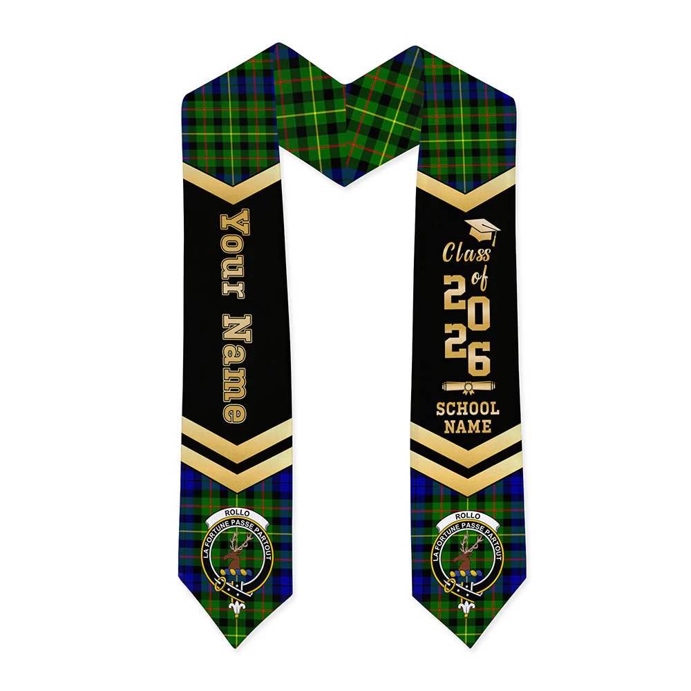 Scottish Rollo Modern Clan Badge Tartan Graduation Stole Black Gold Honor