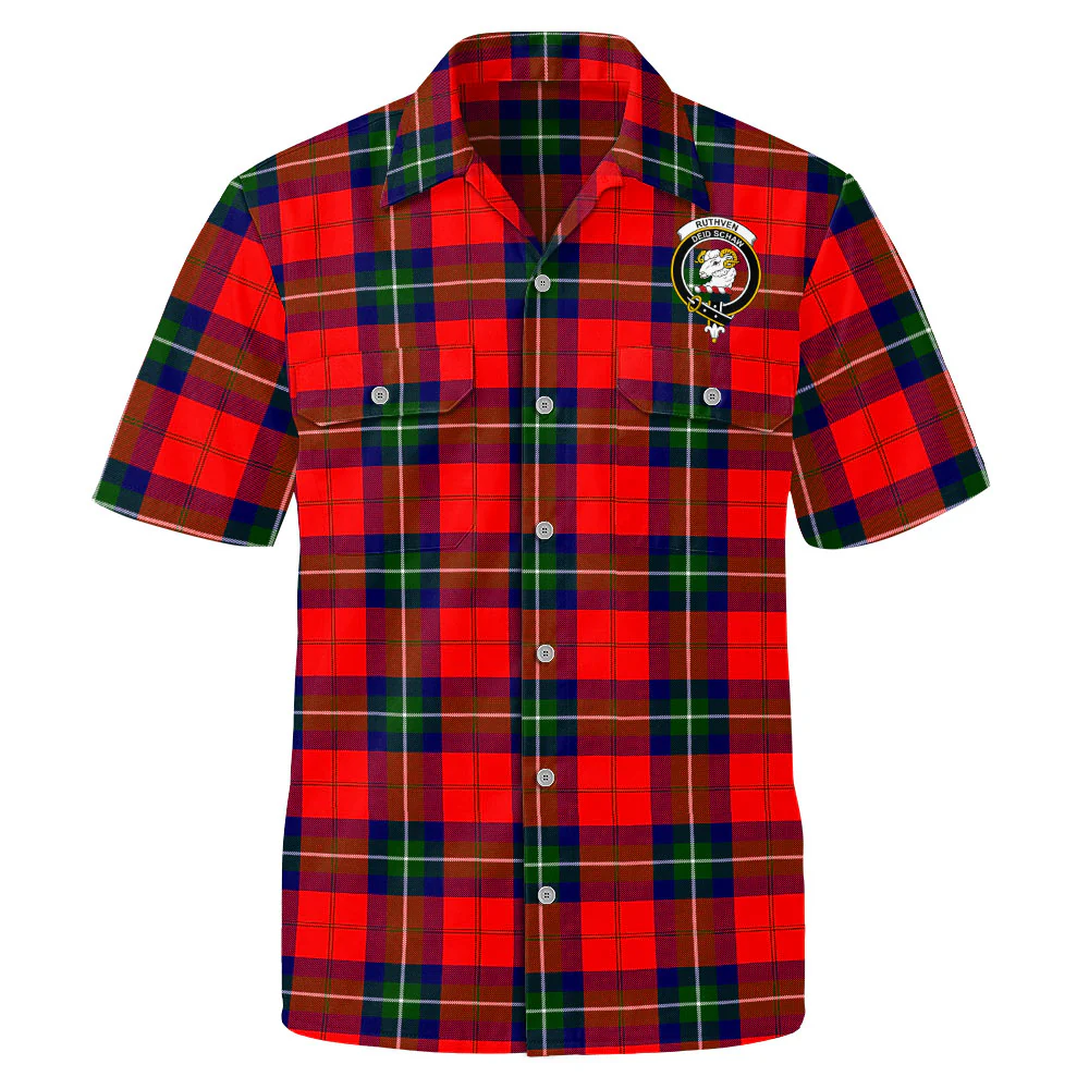 Scottish Ruthven Modern Clan Badge Tartan Short Sleeve Work Shirt - Image 2