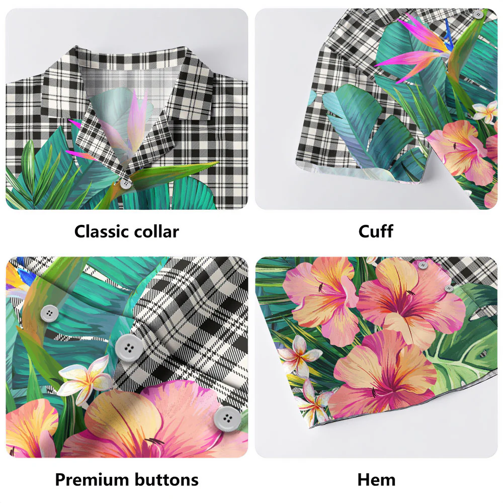 Scottish SCOTT BLACK & WHITE ANCIENT Clan Badge Tartan Hawaiian Shirt Bouquet Tropical Style - Image 5