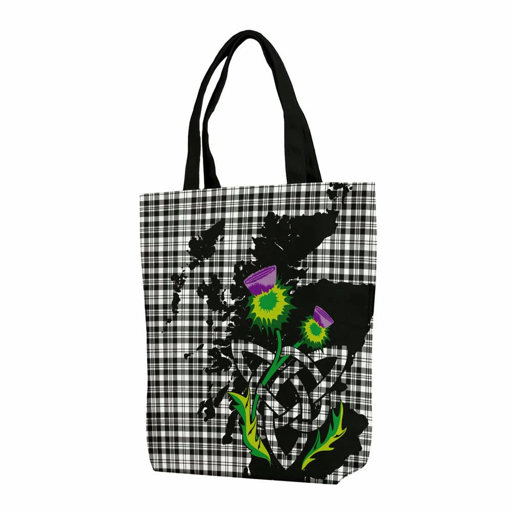 Scottish Scott Black & White Modern Tartan Canvas Bag With Shoulder Strap With Thistle