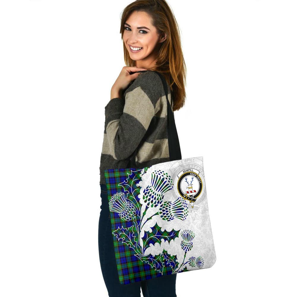 Scottish Sempill Clan Crest Tartan Tote Bag - Thistle Flowers Style - Image 3