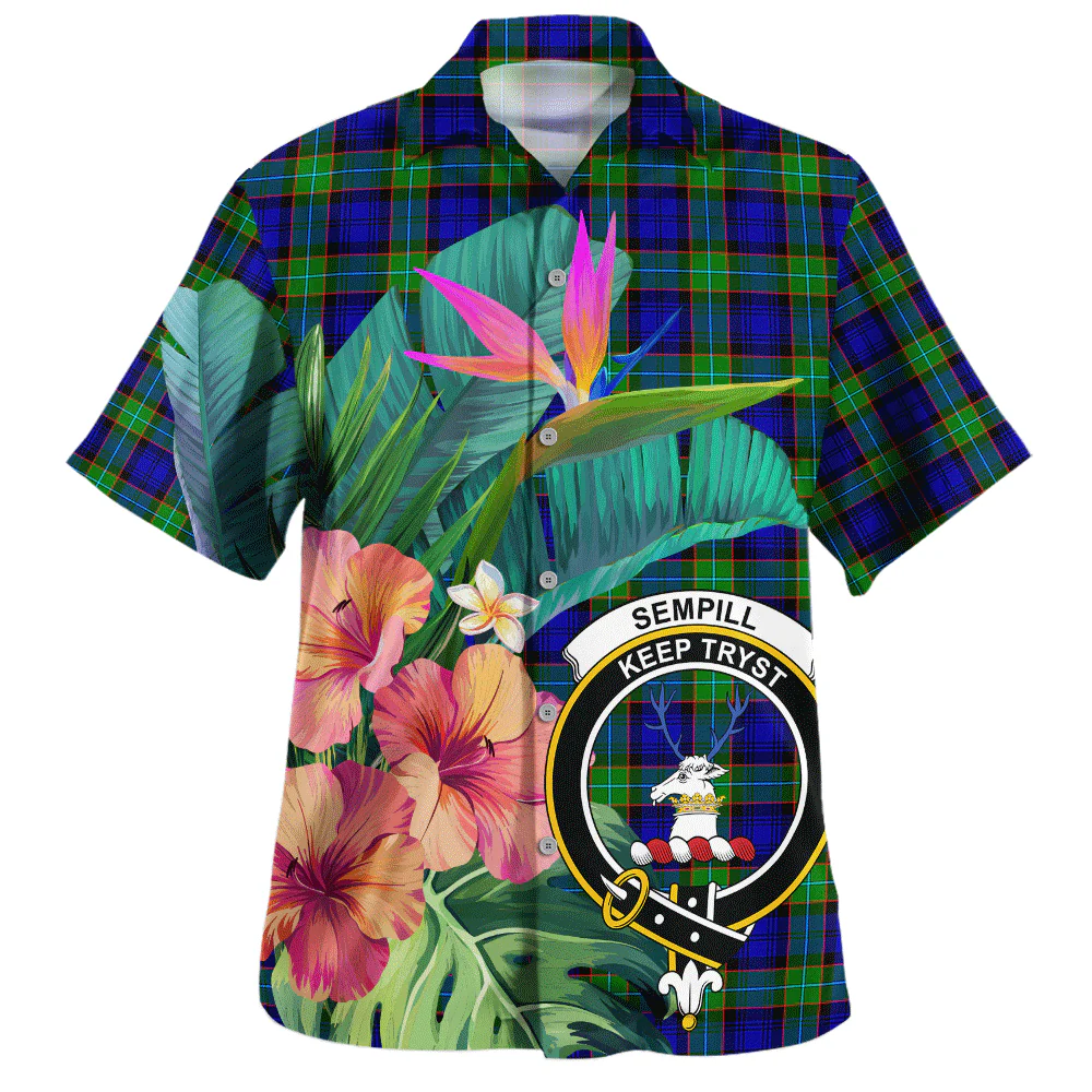 Scottish Sempill Modern Clan Badge Tartan Hawaiian Shirt Bouquet Tropical Style