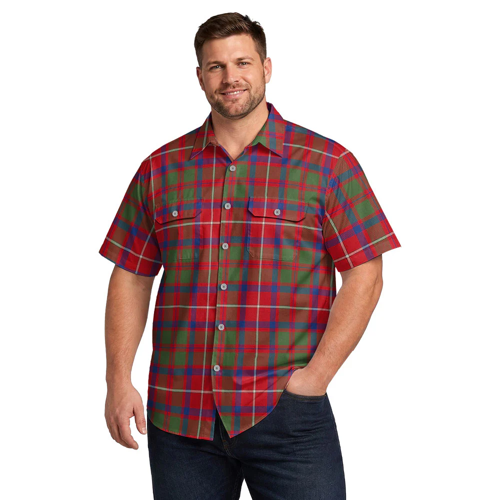 Scottish Shaw Red Modern Clan Badge Tartan Short Sleeve Work Shirt - Image 4