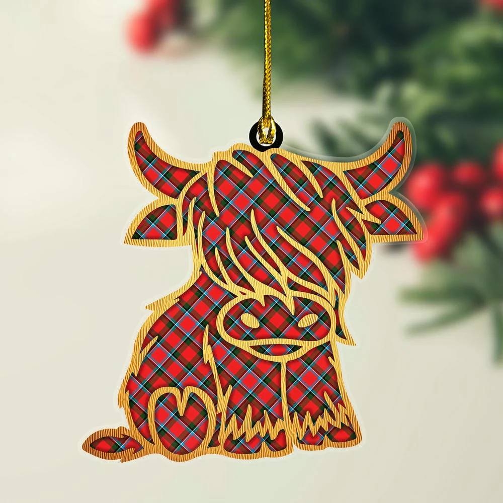 Scottish Sinclair Modern Tartan Highland Cow Ornament