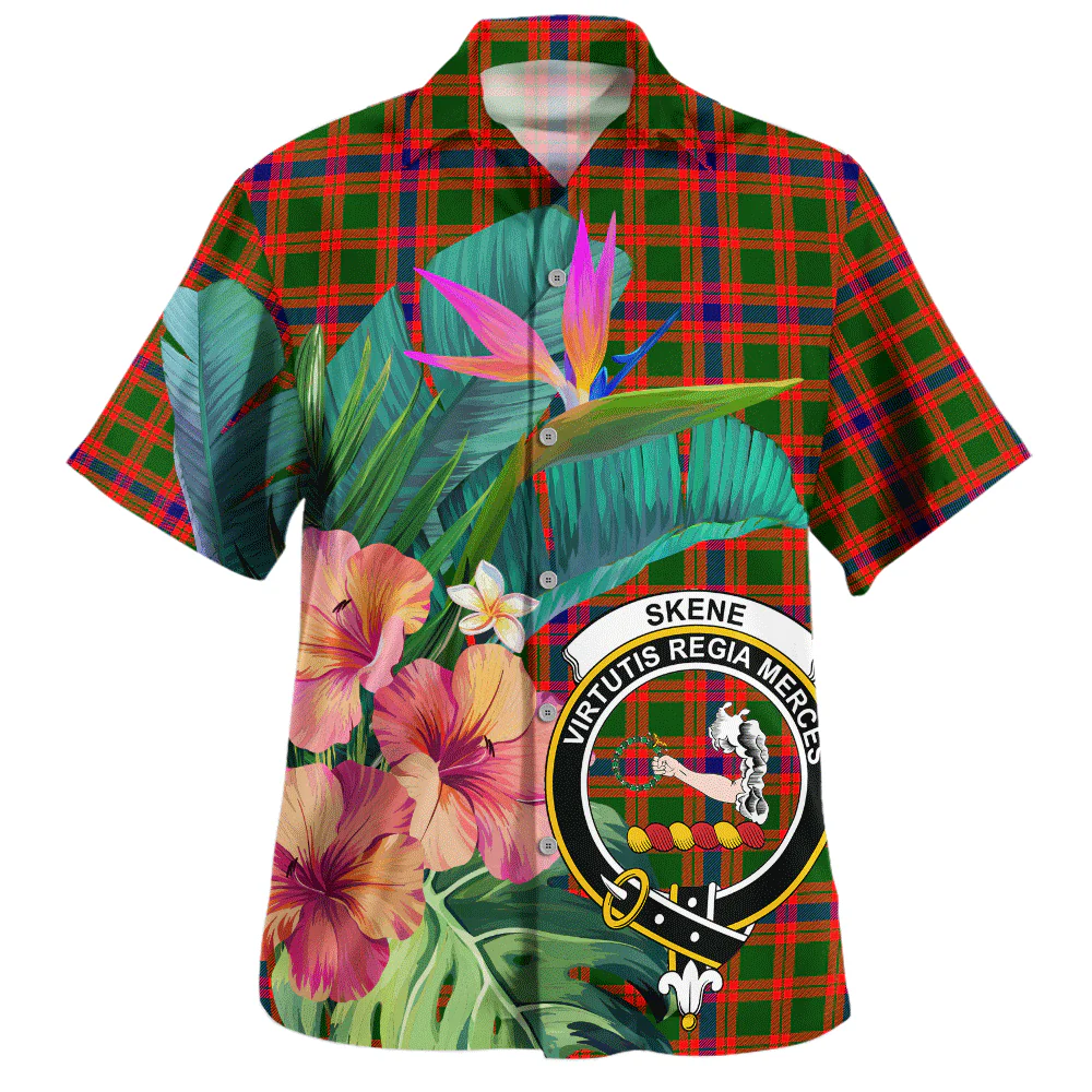 Scottish Skene Modern Clan Badge Tartan Hawaiian Shirt Bouquet Tropical Style