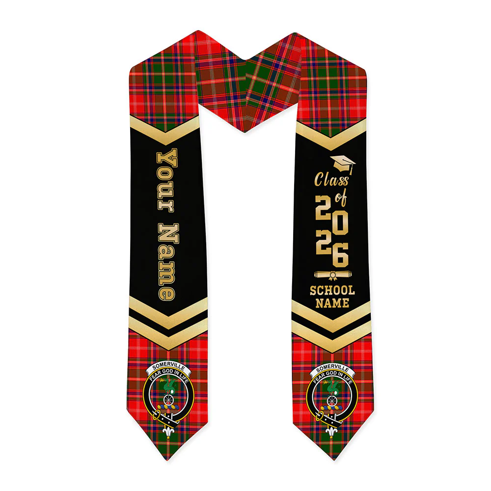 Scottish Somerville Modern Clan Badge Tartan Graduation Stole Black Gold Honor